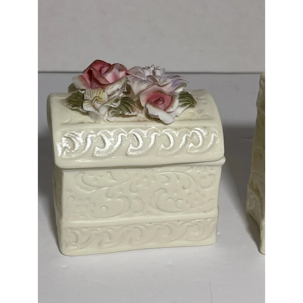 Vintage 90s Ceramic Vanity Set Cottagecore Heart Vase Trinket Box Brush Holder